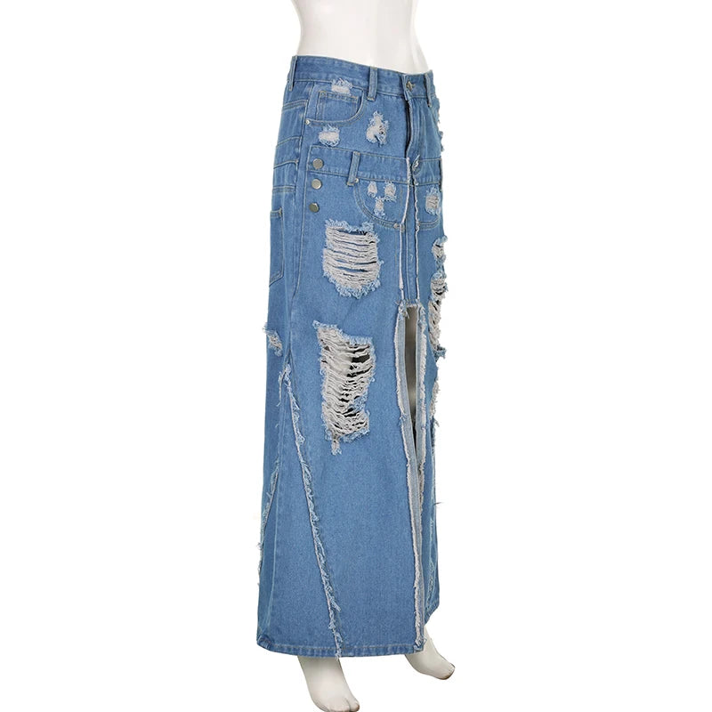 Denim Blue Tassels Pockets Skirt