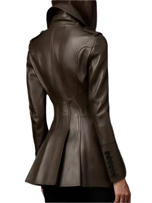 Skirted Pu Leather Double Buttoned Blazer