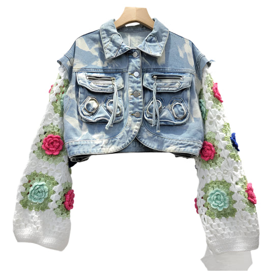 Denim Patchwork Knitted Flowers Sleeve Pocket Short Jacket