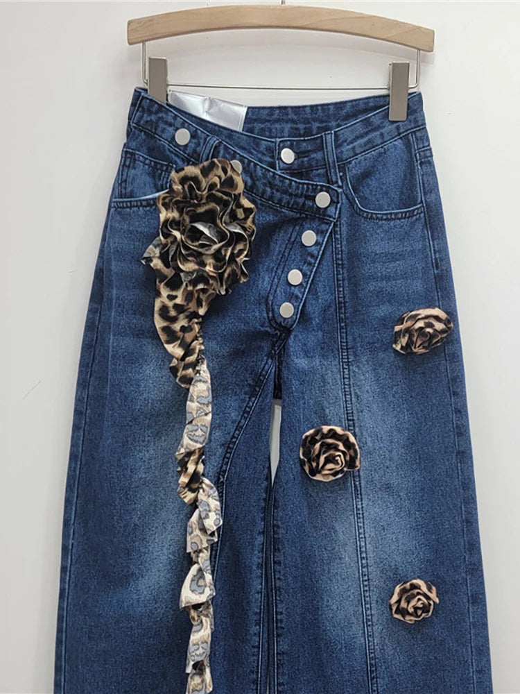 3d Leopard Flowers Diagonal Buttons Wide Leg Denim Pants