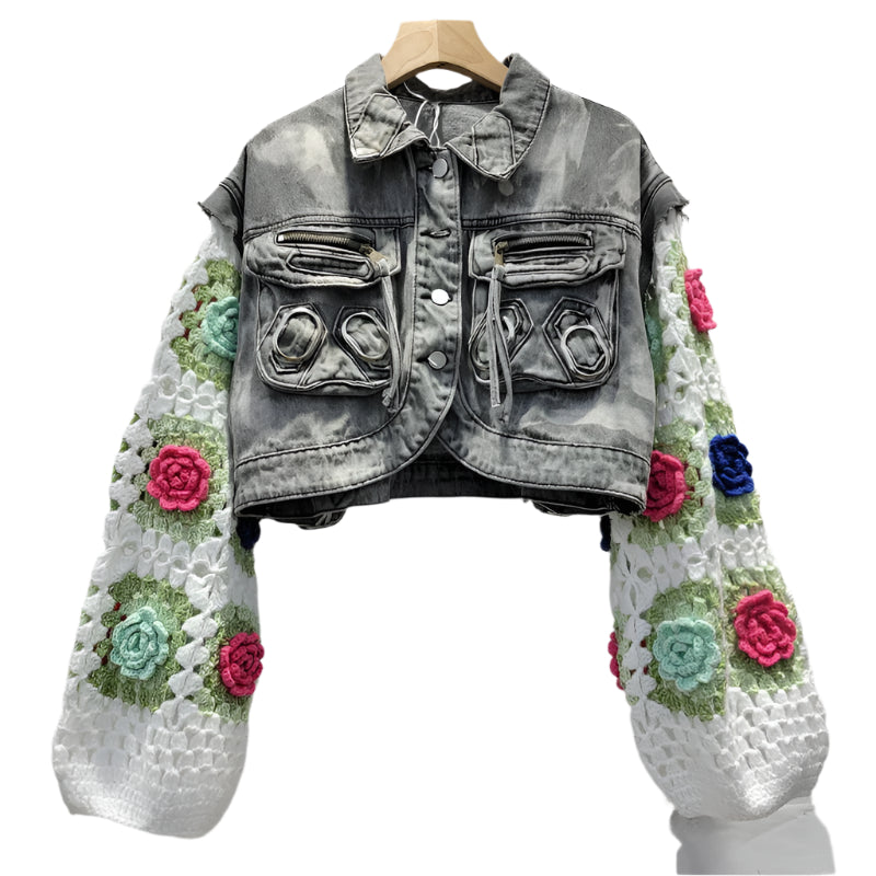 Denim Patchwork Knitted Flowers Sleeve Pocket Short Jacket