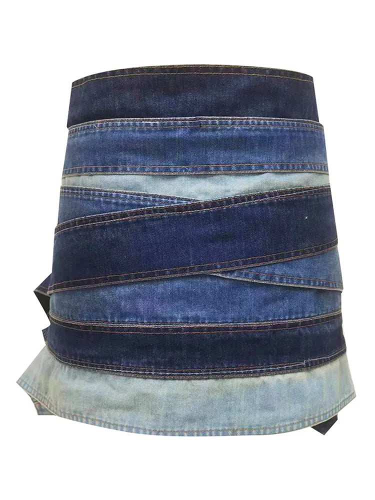 Denim Skirt Low Waist Irregular Metal Belt Skirt