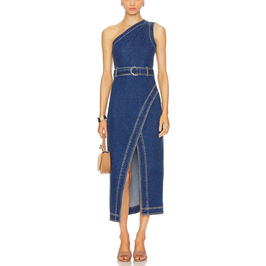 Single Shoulder High Waist Split Denim Long Dress