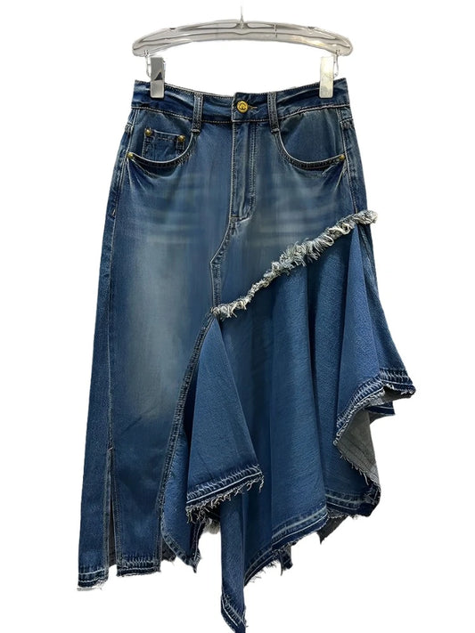 Denim Patchwork Pleated Irregular Split Denim Skirts