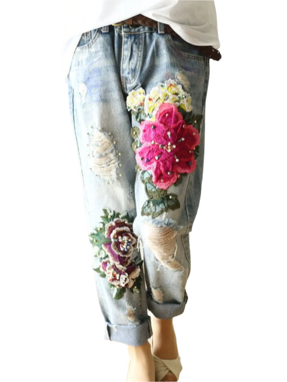 Floral Embroidery Pocket Denim Harem Pants