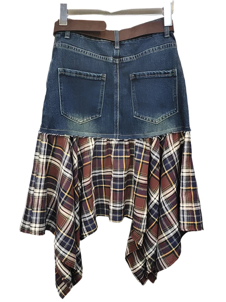 Denim Slim Stretch Patchwork Irregular Plaid Skirt