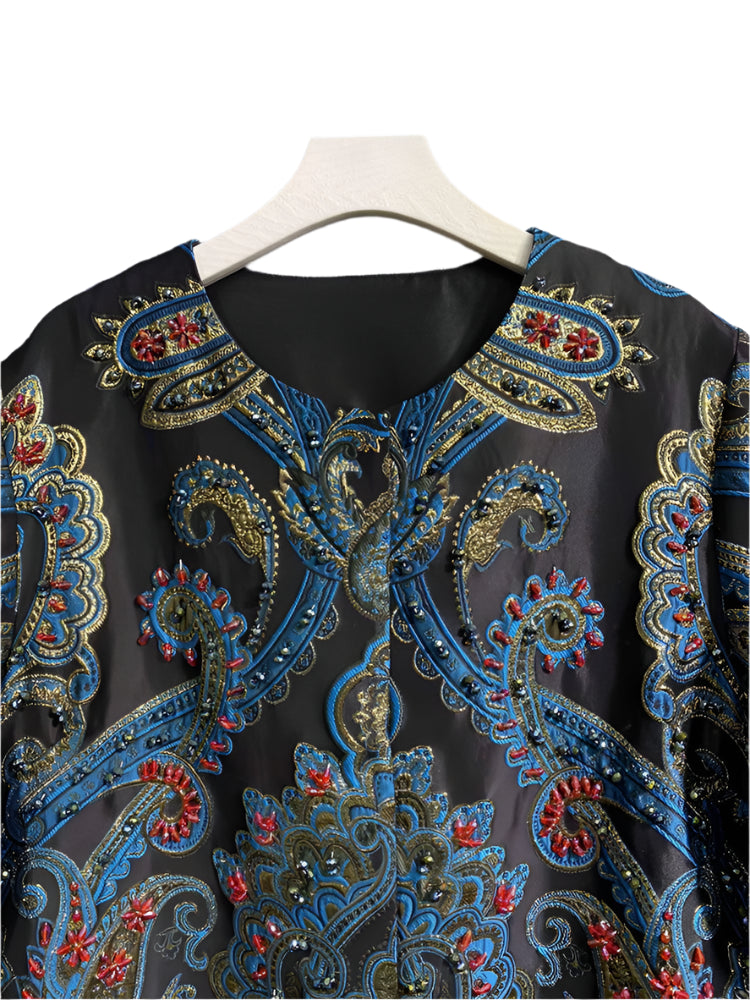 Gorgeous Crystal Beading Vintage Printed Long Sleeve Coat