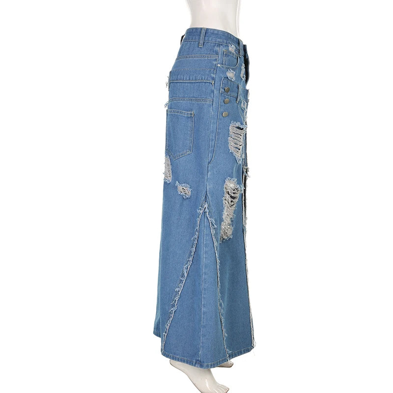 Denim Blue Tassels Pockets Skirt