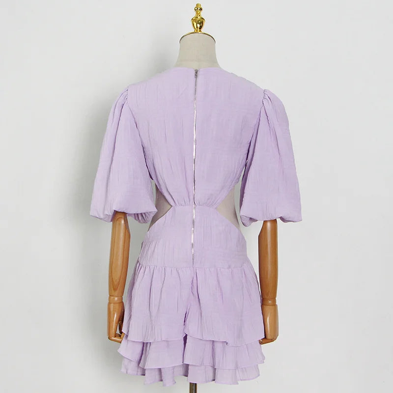 V Neck Lantern Half Sleeve Cut Out High Waist Mini Dress