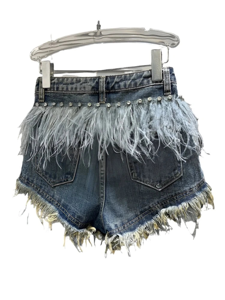 Diamond Bead Feather Tassel Denim Shorts