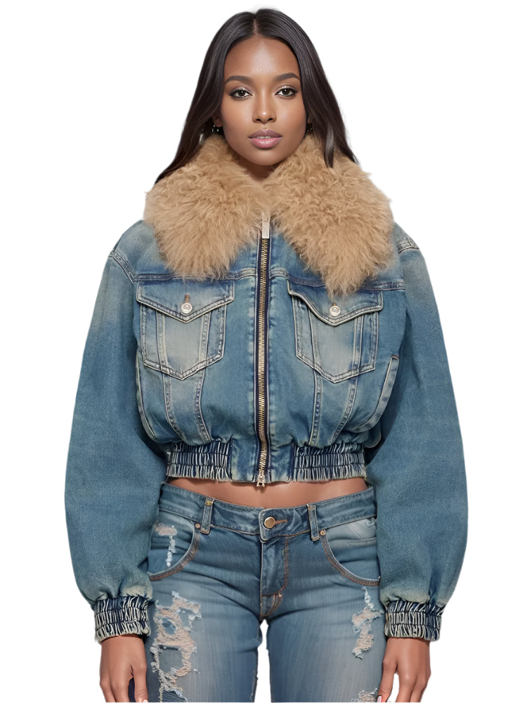 Faux Fur Collar Denim Double Zipper Long Sleeve Thick Warm Short Coat