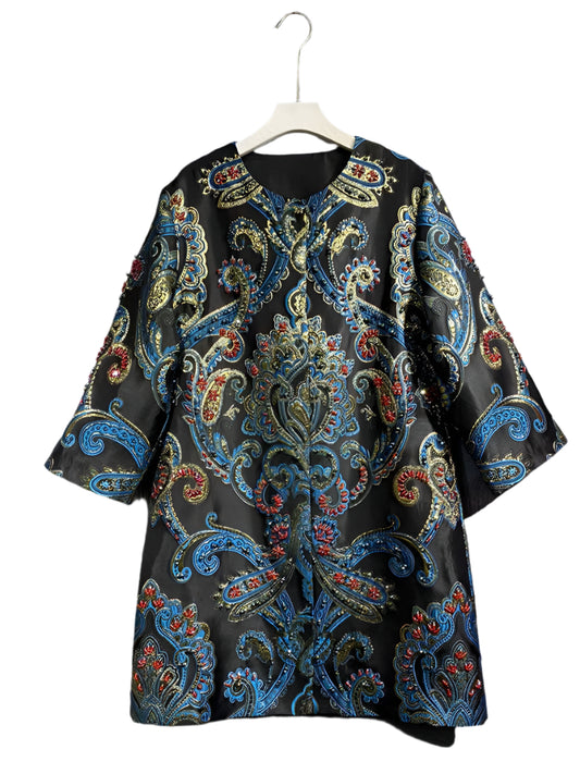 Gorgeous Crystal Beading Vintage Printed Long Sleeve Coat