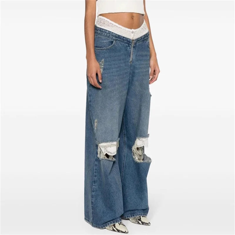 Cotton Distressed Low waisted Wide Leg Pants