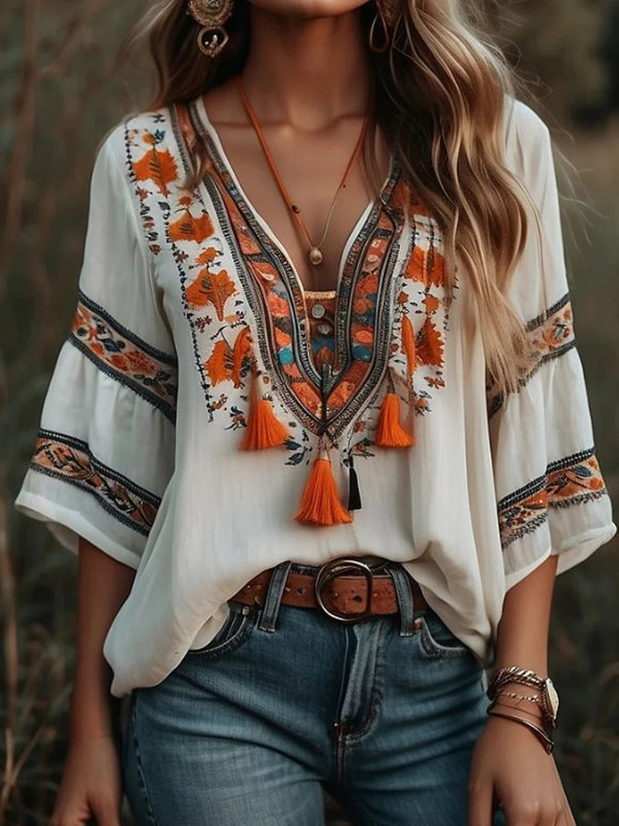 Bohemian V-Neck Tassel Floral Pattern Print Blouse ( OUT OF STOCK)