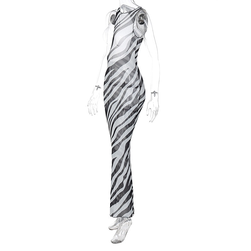 Cut Out Zebra Stripes Off One Shoulder Maxi Dress