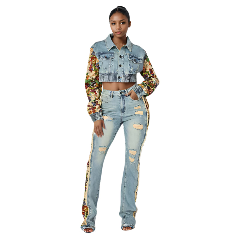 Two-piece Set  Print Patchwork Denim Coat High Waist Long Jeans