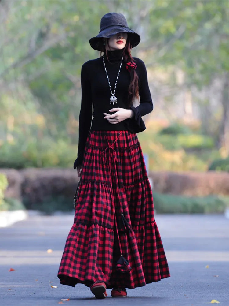 A-line Elastic Waist Cotton Print Plaid Skirt