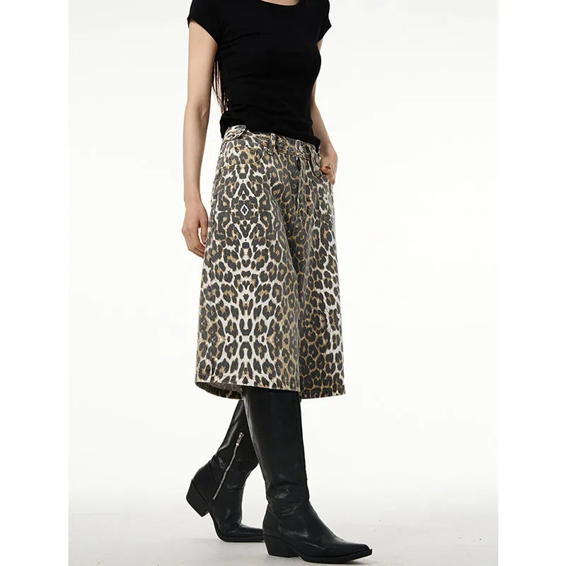 Leopard Print Long Short Jeans