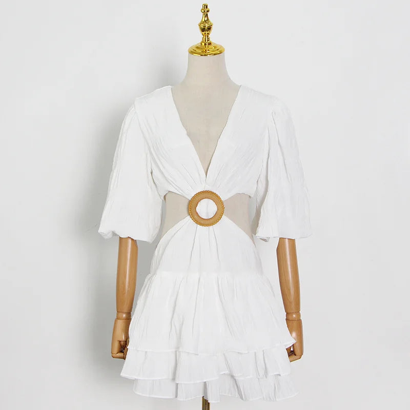 V Neck Lantern Half Sleeve Cut Out High Waist Mini Dress