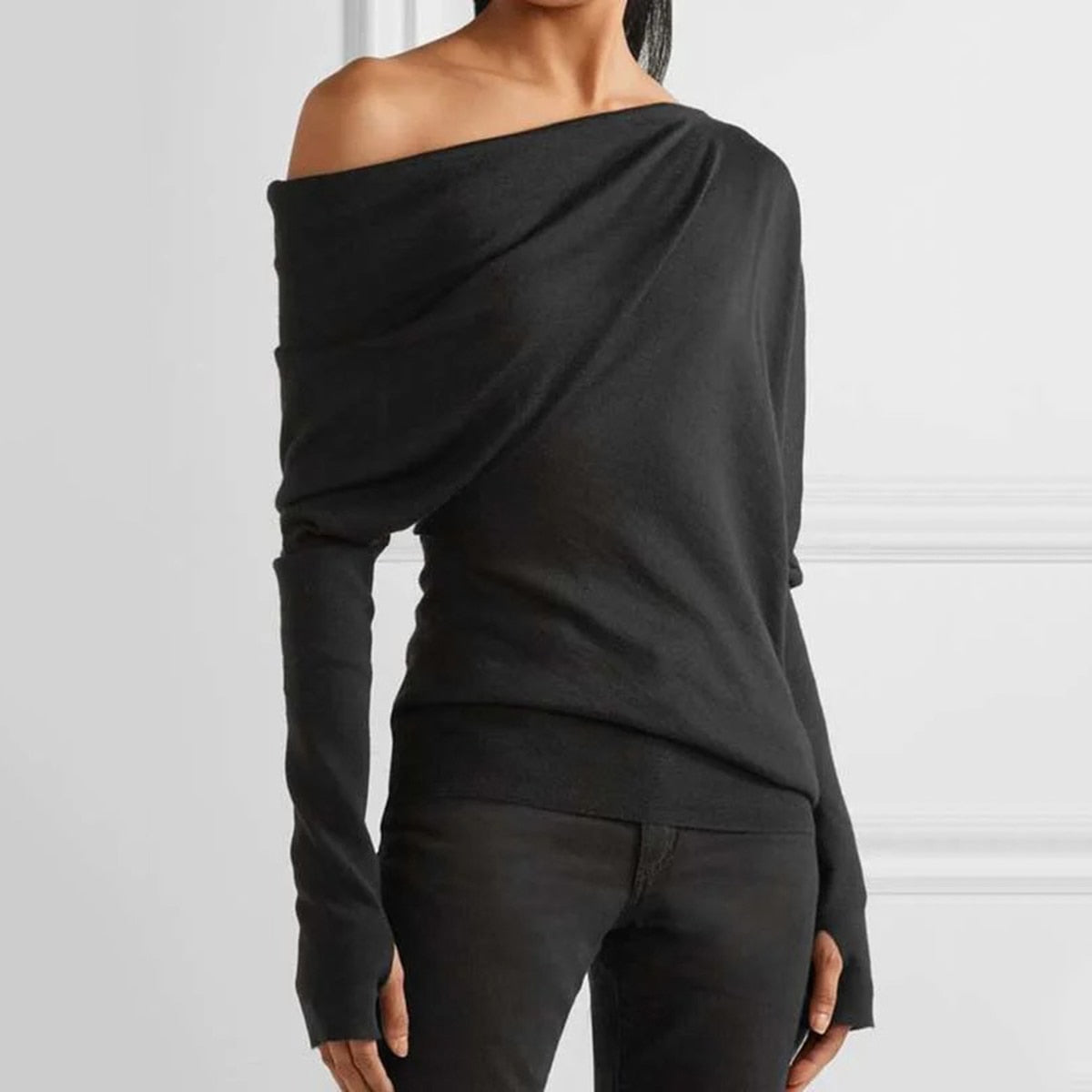 Black Asymmetric One-Shoulder Long Sleeves T-Shirt Top