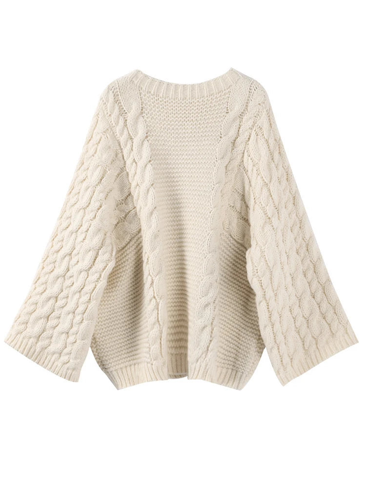 Turtleneck Knitted Oversize Pullover Twist Long Lantern Sleeve Sweater