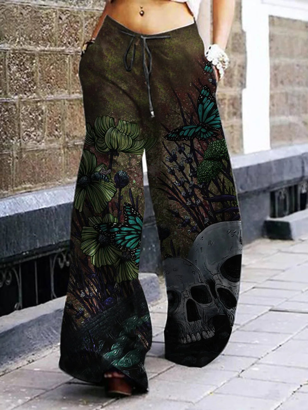 Skull Print Cargo Wide-leg Pants