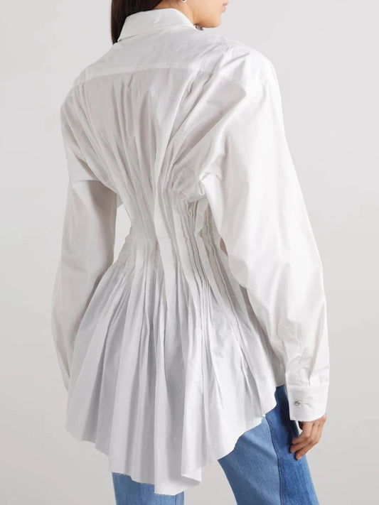 Covered Button Folids Irregular Fish -Tail Hem Blouse