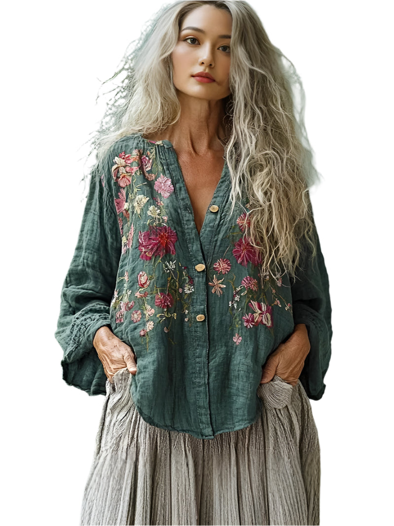 Floral Printed V-Neck Long Sleeve Bohemian Blouse