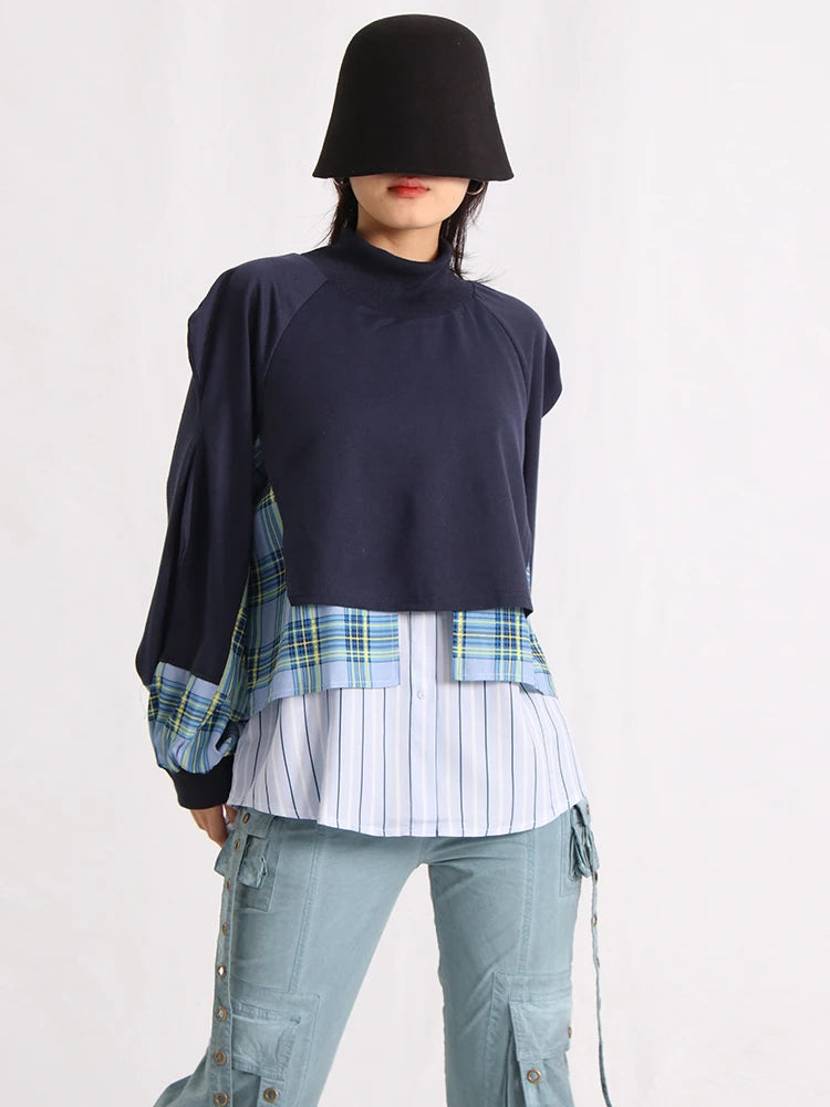 Patchwork Button Round Neck Long Sleeve Sweatshirt