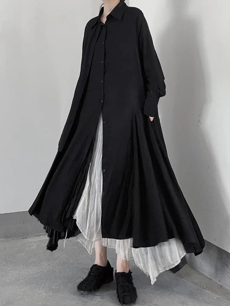 Long Irregular Split Pleated Black Shirt Dress