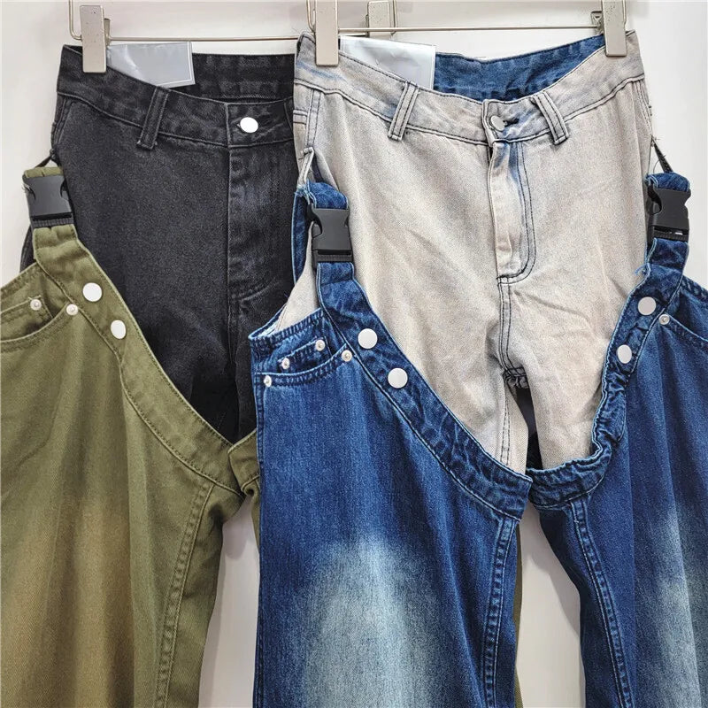 Denim Pants Patchwork 2 Pcs Set Washed Straight Jeans