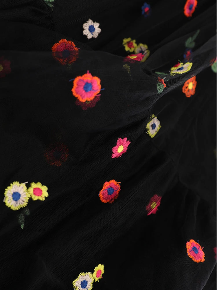 Black Flower Dot Mesh Long A-line Skirt