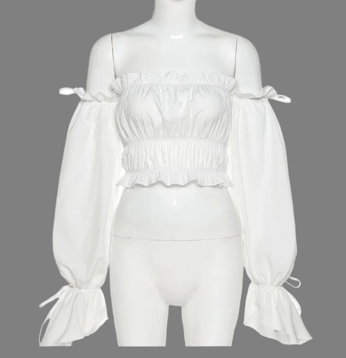 Crop Off Shoulder Long Sleeve White Ruffle Blouse