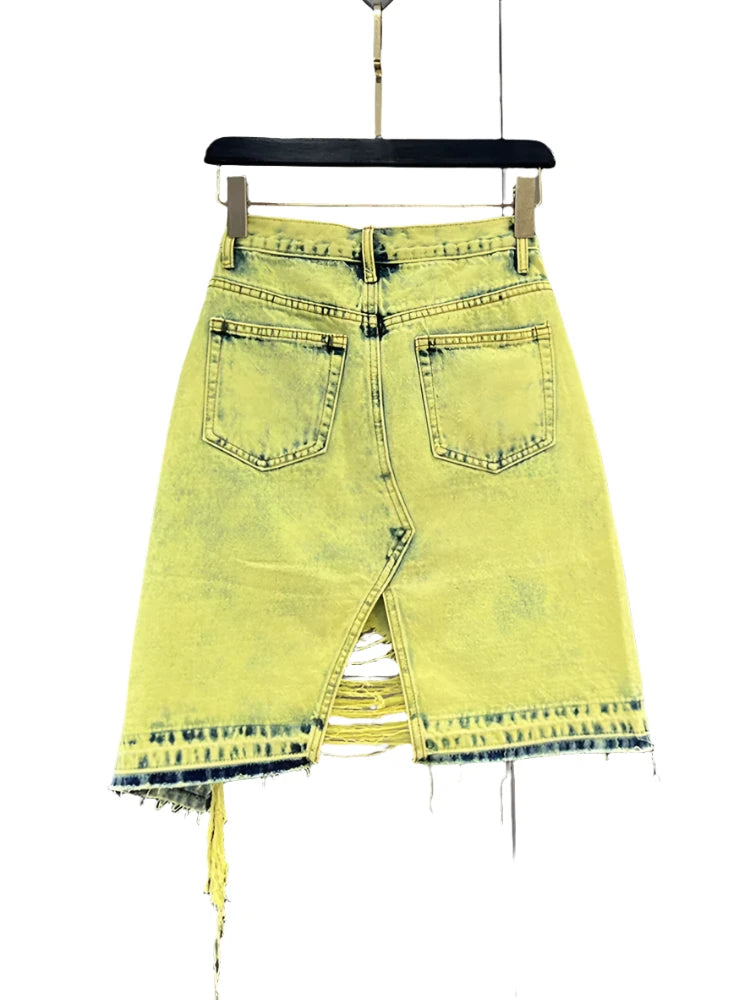 Denim Fluorescent Yellow Asymmetric Skirt