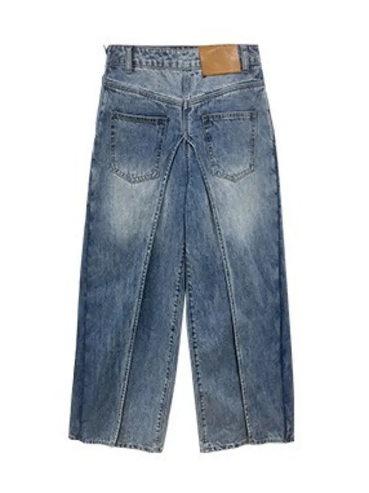 Front And Back High Waist Deconstruct Two Fake Loose Denim Pants