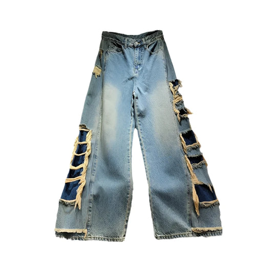 Distressed Broken Holes Straight Wide Leg Tassel Denim Pants