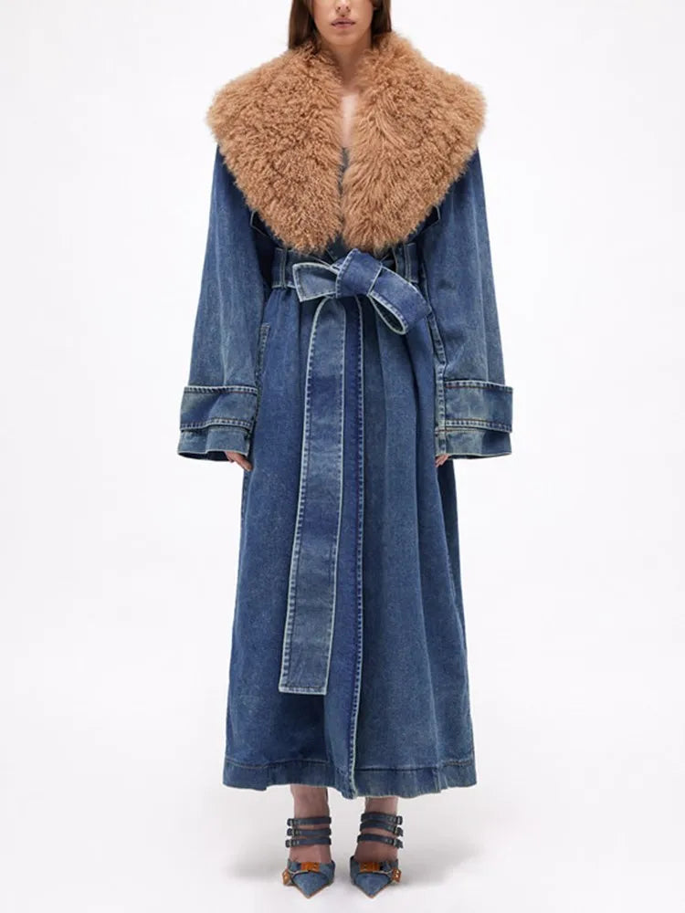 Lace Up Denim Fake Fur Collar Long Trench Coat