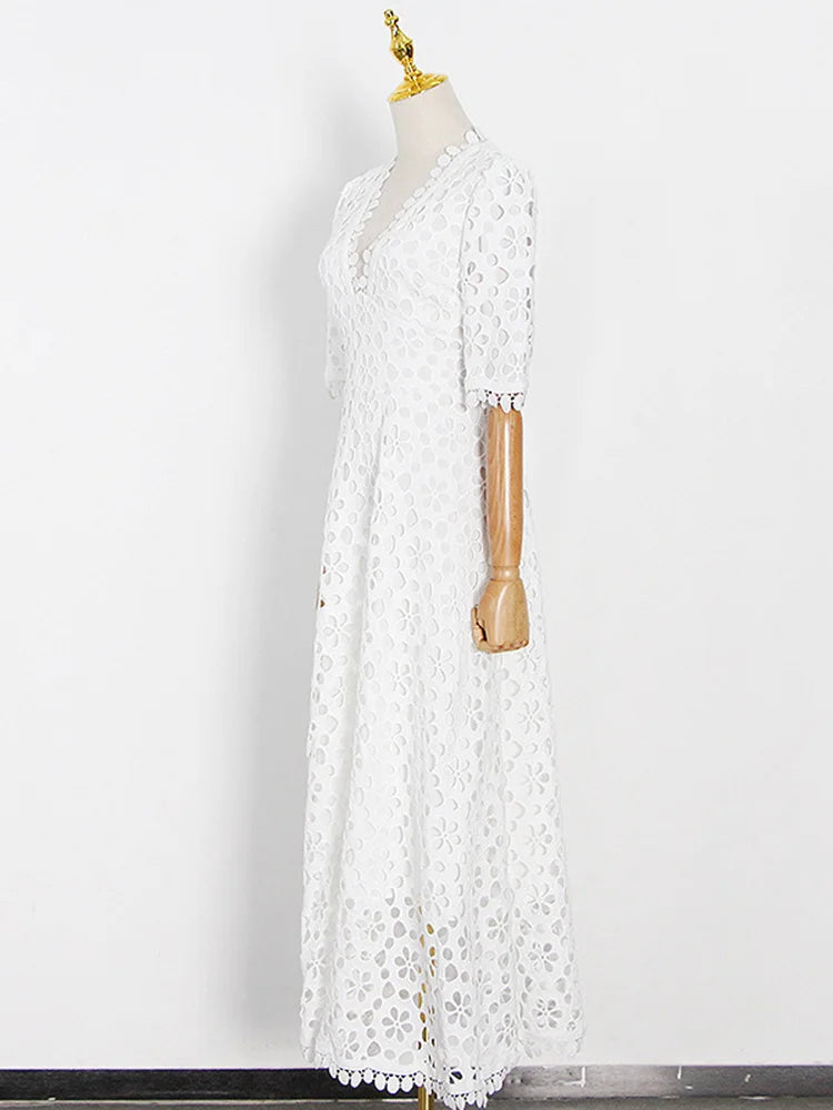 Lace White V-Neck Half Sleeve High Waist Cut Out Slim Dress
