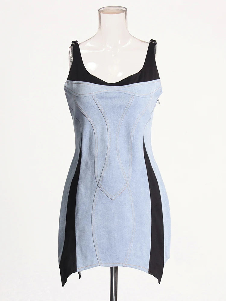 Patchwork Denim Square Collar Sleeveless Mini Dress