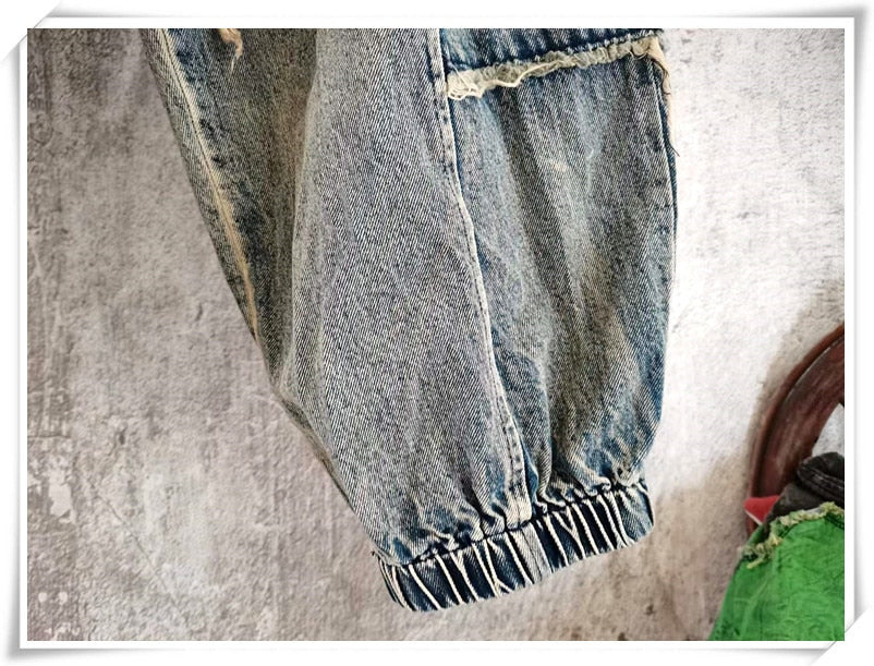 Patchwork Harem Stitched Raw Elastic Waist Jeans