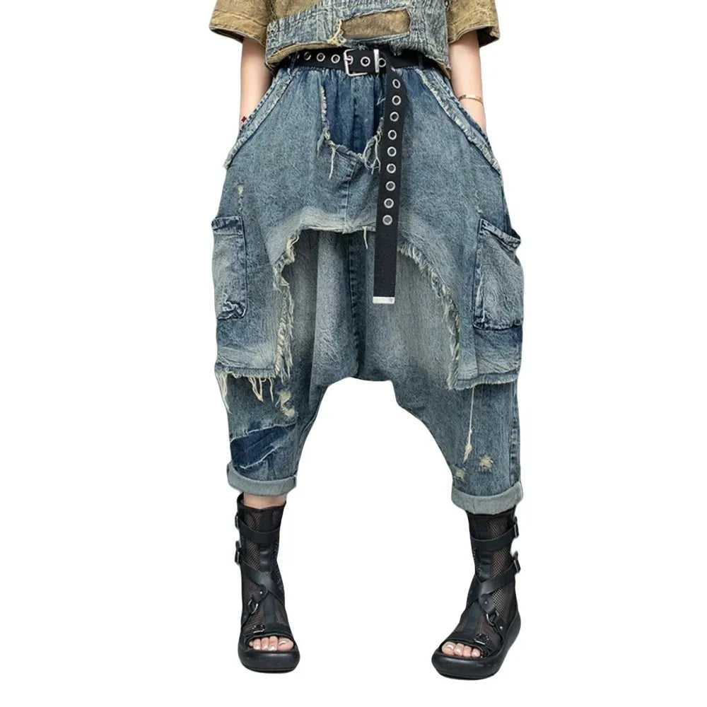 Denim Patchwork Large Crotch Pants