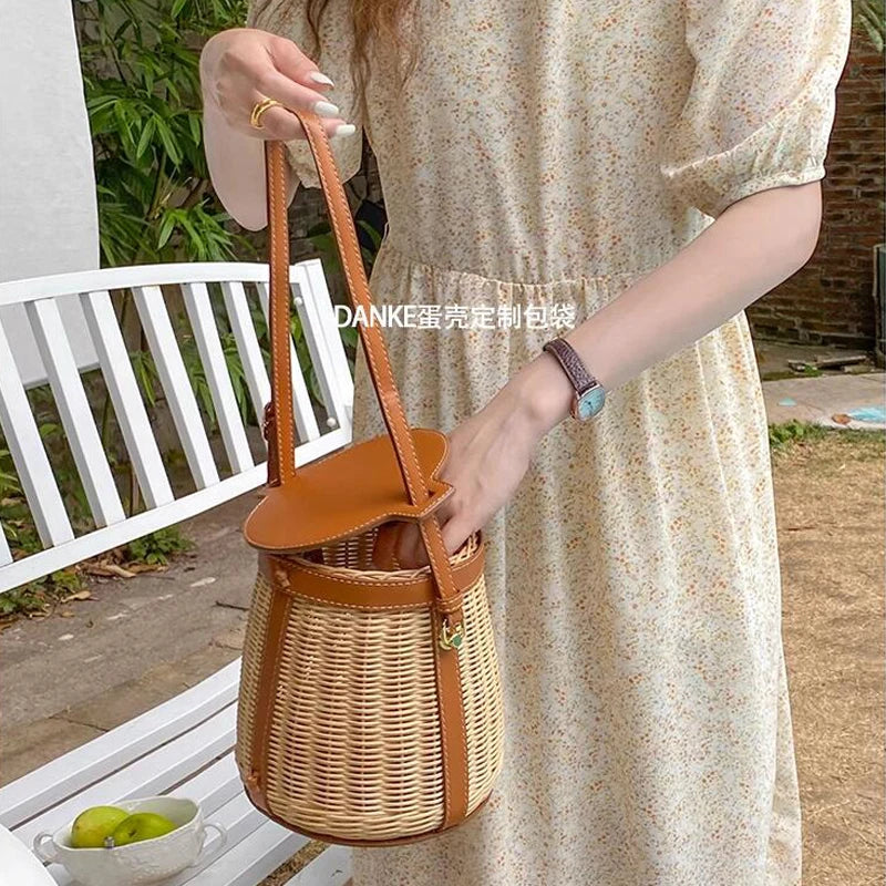 PU Rattan Bucket Bag Handbag