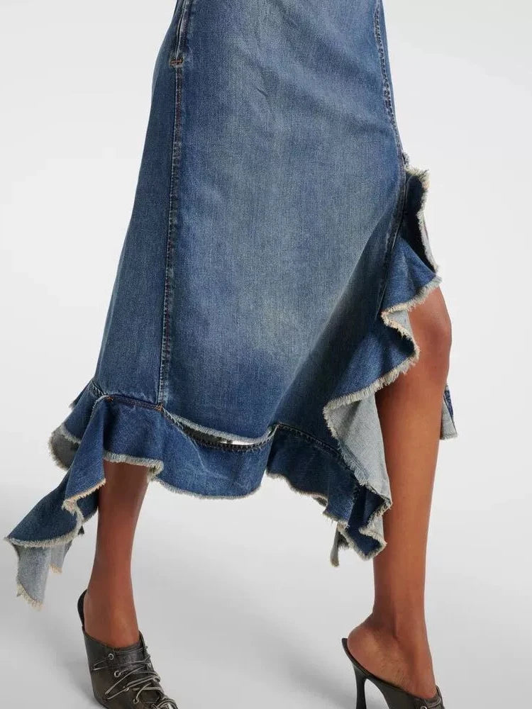 Denim Irregular Ruffled Backless Halter Dress