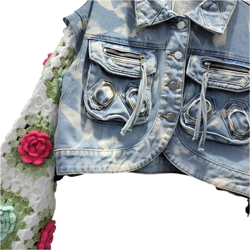 Denim Patchwork Knitted Flowers Sleeve Pocket Short Jacket