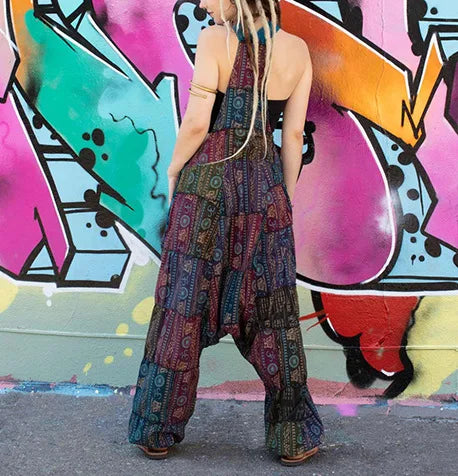 Stitching Ethnic Print Sleeveless Loose Harem Jumpsuit