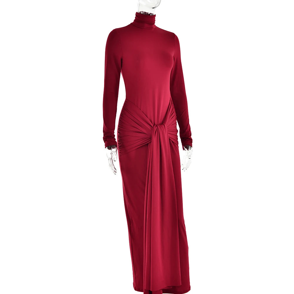 High Neck Long Sleeve Tight Elastic Lace Up Maxi Long Dress