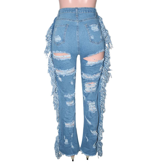 Hole Ripped Light Blue Denim Pants