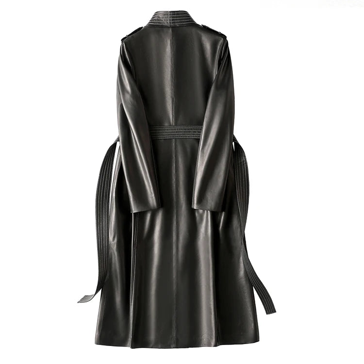 Deep V Neck Double Buttoned Soft Pu Leather Trench Coat