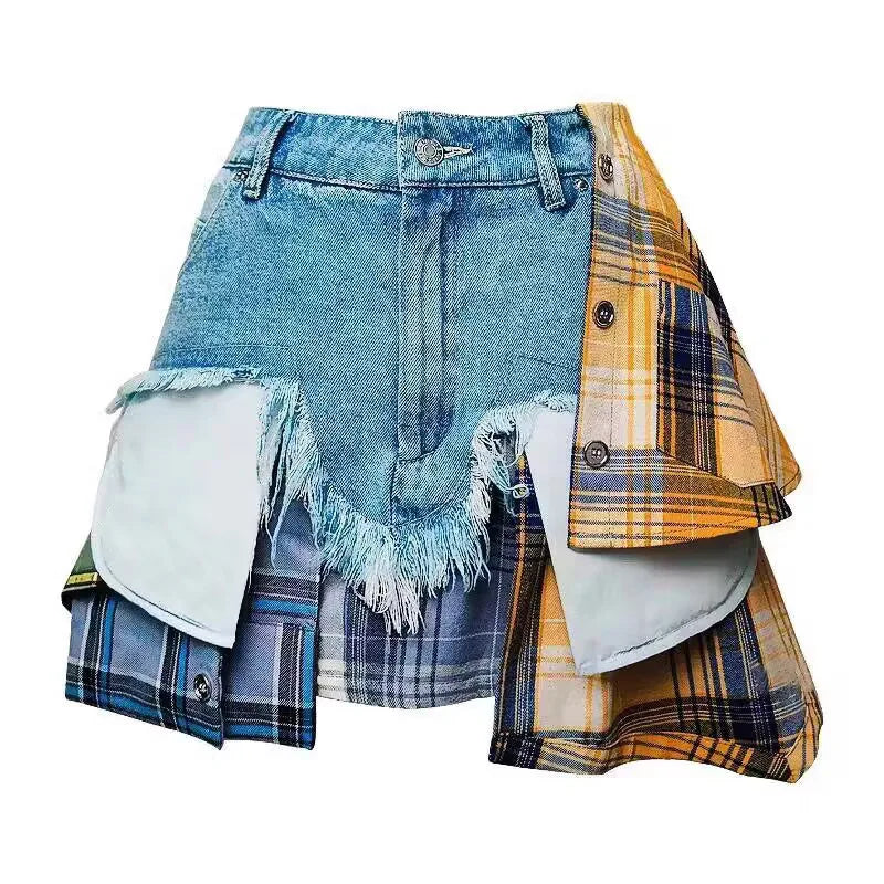 Plaid Patchwork Irregular Deconstructed A-line Mini Skirts