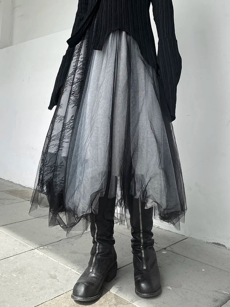 Mesh Long Irregular Black Skirt